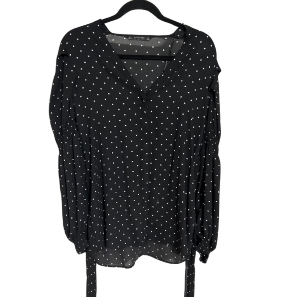 ZARA Button Up Sheer Puffy Long Sleeve Polkadot Waist Tie Blouse